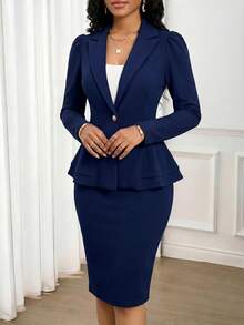 SHEIN Lady Women's Solid Color Lapel Neck Long Sleeve Single Button Jacket And Skirt Elegant Two Pieces Set - Navy Blue - View 8