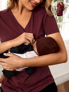 SHEIN Maternidad Camiseta de cuello V amamantamiento - Burdeos - Ver 4