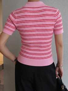 DAZY Top de punto casual versátil de uso diario con bloques de color a rayas para mujer - Rosa - Ver 4