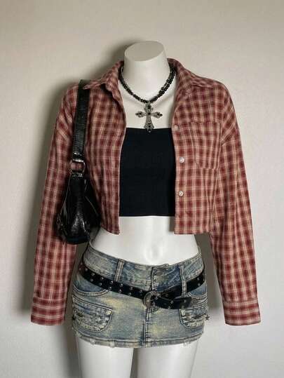 Attitoon Áo sơ mi crop nữ Y2K retro kẻ caro cài nút tay dài có túi, phong cách đường phố dễ phối layer cho mùa xuân hè, dạo phố cuối tuần