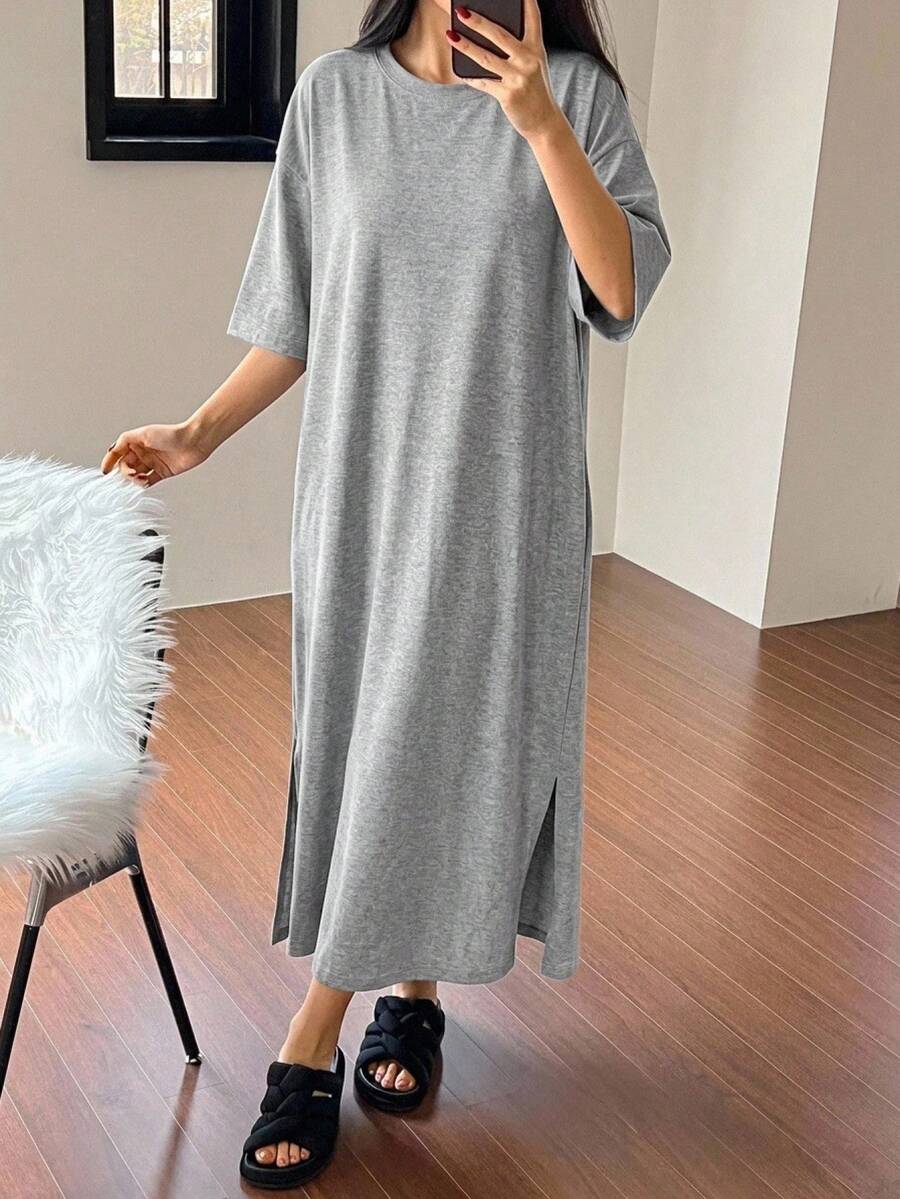 DAZY 極簡純色寬鬆下擺開衩 T-shirt 連身裙 女款居家休閒連身裙 夏季 - 灰色 - 查看 1
