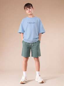 SUMWON Oversized Relaxed Fit Tween Two Piece Set Short Sleeve Tee Matching Elastic Waist Drawstring Shorts Summer Casual Coordinated Outfit - Blue - View 2