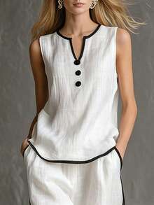 EMERY ROSE Women's White And Black Chic Linen Sleeveless Shirt,Contrast Binding V-Neck Button Loose Vest,Summer Brunch Beach Vacation Elegant Casual Blouses - Black and White - View 7
