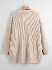 Linhara Plus Size Women's Autumn/Winter Loose Casual Knitted Long Sleeve Double Pocket Cardigan Black Everyday Pique Wicker Machine Knit Versatile Sweater Jacket - Khaki - View 2