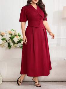 Modelyn 大尺碼女款素色簡約日常長版晚禮服洋裝 - 酒紅色 - 查看 8