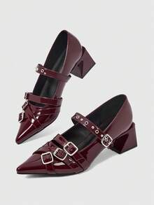 ROMWE Grunge Punk Elegant Pointed Toe Chunky Heel Lacquer Leather Pumps For Christmas Y2K 2000s Style - bright red - View 1