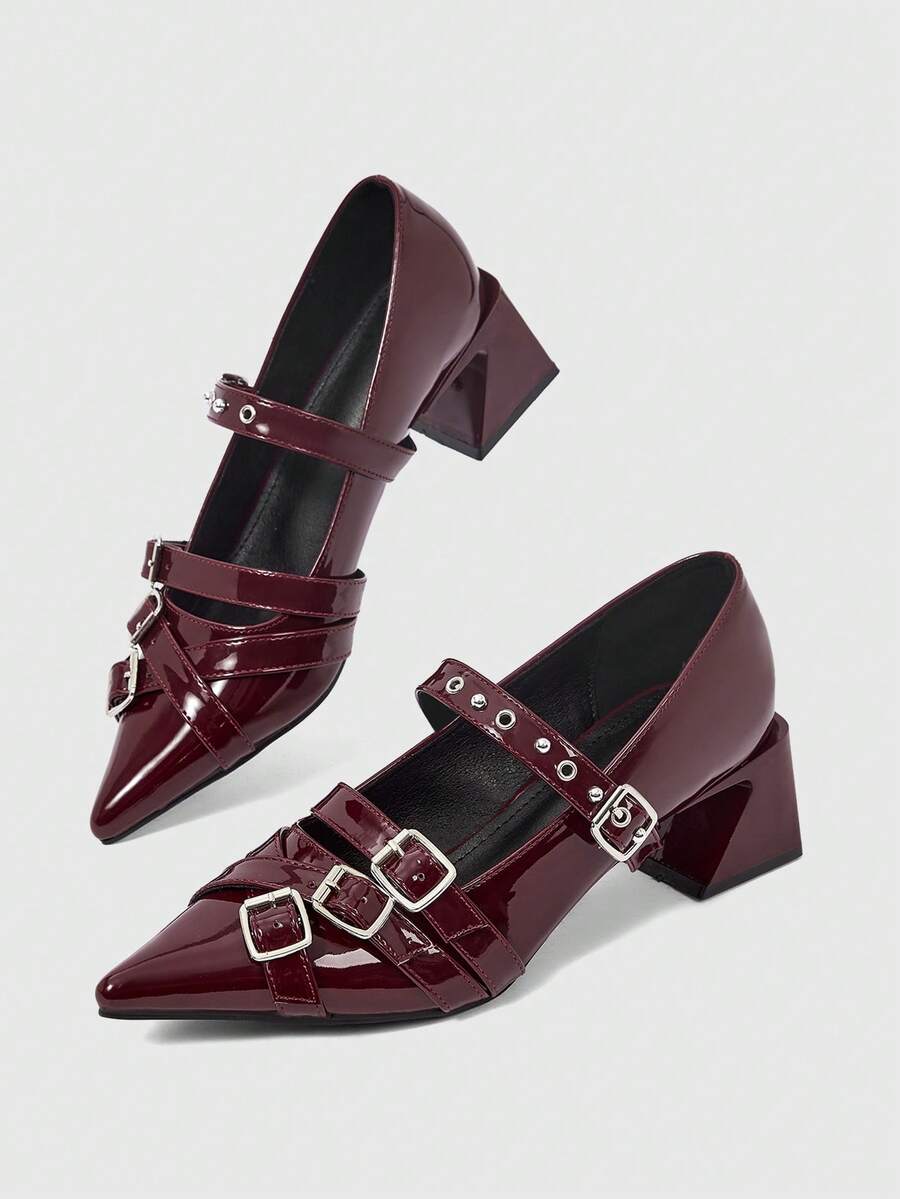 ROMWE Grunge Punk Elegant Pointed Toe Chunky Heel Lacquer Leather Pumps For Christmas Y2K 2000s Style - bright red - View 1