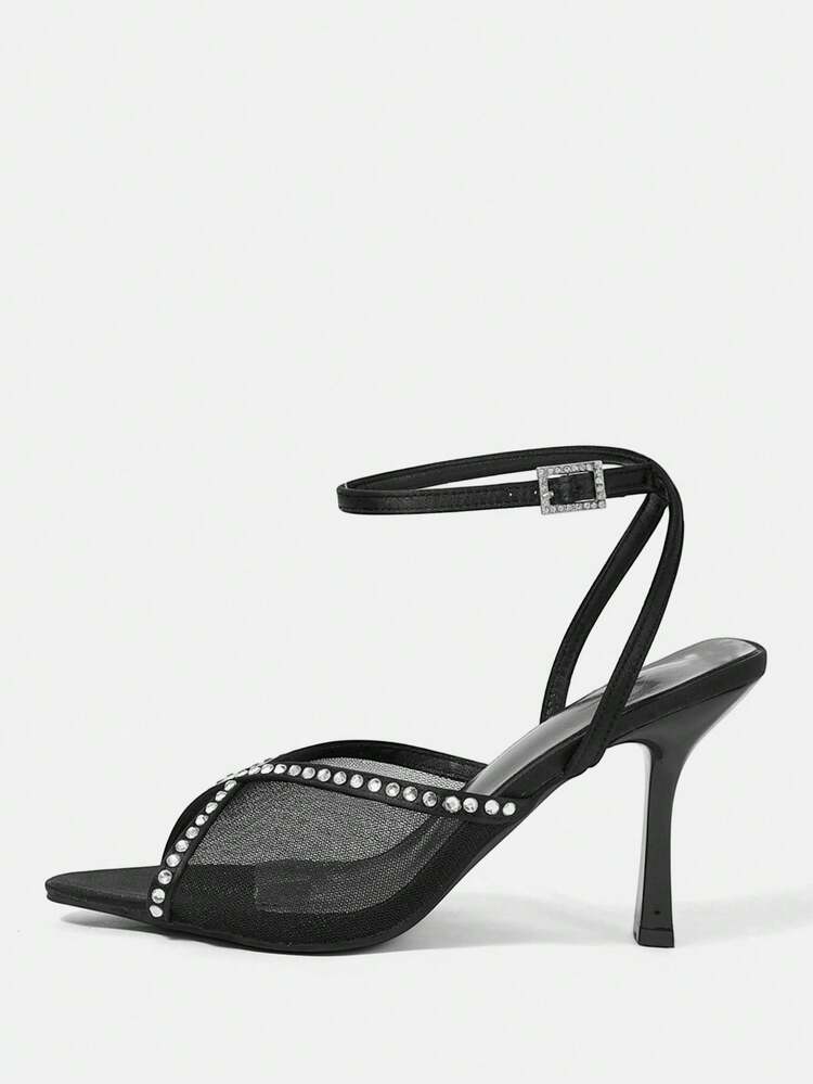 CUCCOO HITCHD Ladies' New Black Mesh See-Through Rhinestone Pointed Thin Heel Open-Toed High-Heeled Sandals, Suitable For Banquets, Parties And Weddings