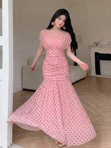 Modelyn 粉色薄紗波點壓褶優雅夏季度假法式風格婚禮女裝洋裝 - 粉色 - 查看 6