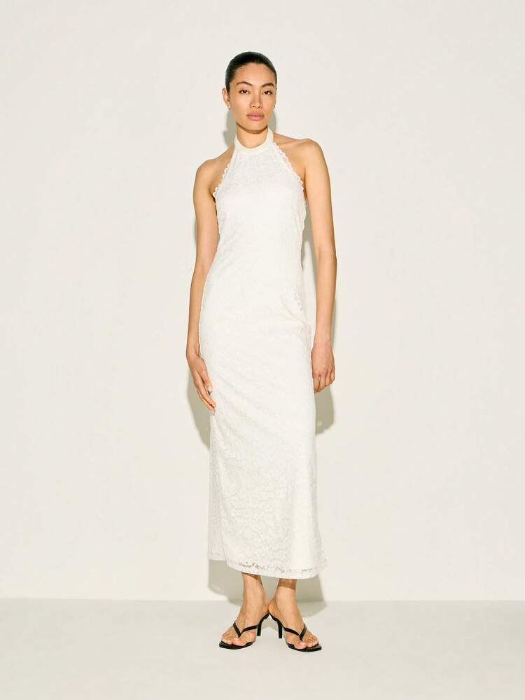 KSTM Damen Weiß Spitze Neckholder Ärmellos Maxikleid mit aufwendigem Guipure Muster für Hochzeitsgäste, Abendveranstaltungen und formelle Anlässe
