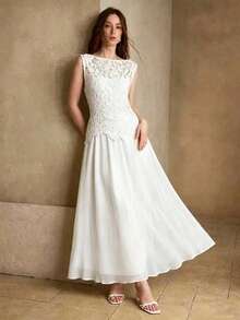 MOTF PREMIUM WOMEN'S ELEGANT CONTRAST GUIPURE LACE SLEEVELESS WAIST-CINCHING LONG DRESS - White - View 3