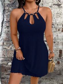 Breezaya Plus Size Women's Textured Hollow Out Stretch Knit Casual Fashion Loose Hollow Neck Design Spaghetti Strap Strap Dress, Metal Buckle Decoration, Fashionable Elegant Commute Work Daily - Navy Blue - View 5