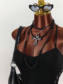 Amplova Damen Kleid in mittlerer Länge mit Spaghettiträgern, Ring-Detail, Schlitz und Bindeband - Schwarz - Übersicht 6