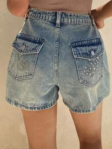 DAZY 女款水洗刺繡水鑽裝飾休閒牛仔短褲 夏季 - 中等水洗藍 - 查看 6