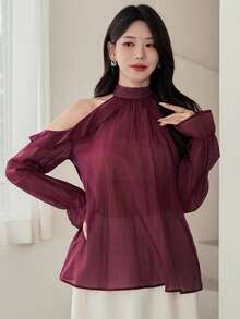 DAZY Top de verão suave estilo INS rosa com decote halter, manga comprida em chiffon, ombros descobertos e bainha com folhos, top elegante de férias para mulher - Roxa - Ver 3