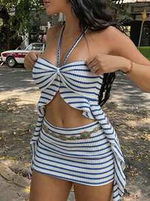 Soleia Women's Summer Casual Sexy Beach Vacation Festival Outfit: Blue And White Striped Knit Ruffled Asymmetrical Hem Camisole And Mini Skirt Set. - Multicolor - View 7