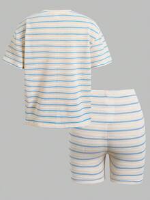 SHEIN Tween女孩條紋簡約舒適兩件套,休閒時尚寬鬆T恤搭配緊身單車短褲套裝 - 彩色 - 查看 12