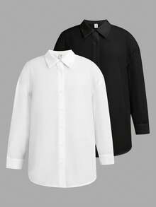 SHEIN Tween Girls Casual Versatile Simple 2pcs Comfortable Solid Color Long Sleeve Single-Breasted Casual Shirt - Black and White - View 7