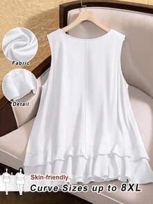 SHEIN CURVE+ 大码女式纯色圆领宽松褶皱休闲背心 - 白色 - 查看 1