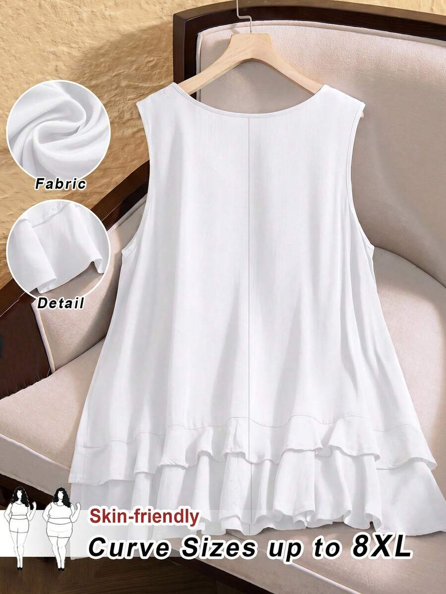 SHEIN CURVE+ 大码女式纯色圆领宽松褶皱休闲背心 - 白色 - 查看 1