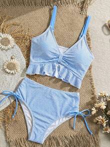 Swim Mod Women's Summer Beach Holiday Striped Fabric Ruffle Top Tank Top Bikini - Blue and White - View 4