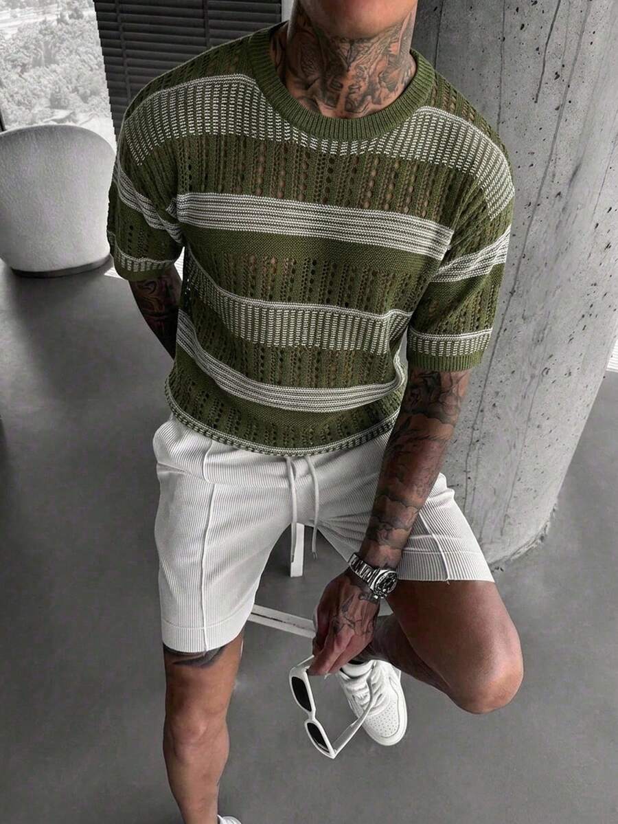 Manfinity LEGND Men's Hollow Green Striped Crew Neck Knit Sweater, Short Sleeve Top, Easter, Y2k Casual, Vintage, Streetwear, Vacation Summer Dates - Green - View 1