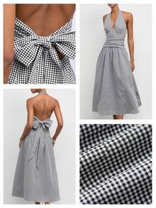 Maija Women's Plaid Waist Pleated Deep V-Neck Halter Long Dress,Going Out Outfits - Black and White - View 5
