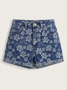 GlowEve Summer Rolled Hem Floral Pattern High-Rise Denim Shorts - Blue - View 3