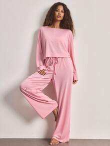 Ocili 2pcs Comfortable Soft Bamboo Knit Round Neck Long Sleeve Top And Pants Women Pajama Set, Summer - Pink - View 7