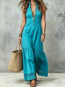LUMIGAL Khaki Dress For Women Vacation Style Beach Dresses For Women Vacation Dresses Summer Dresses For Women - Teal Blue - View 1