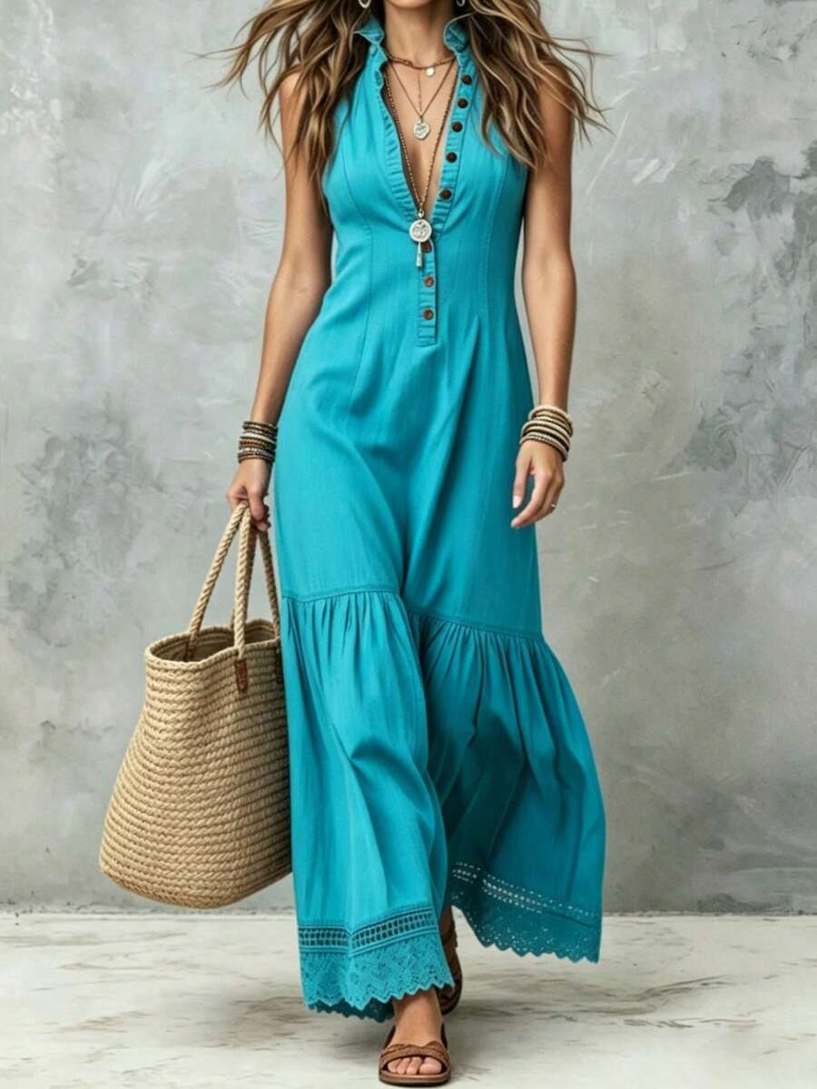 LUMIGAL Khaki Dress For Women Vacation Style Beach Dresses For Women Vacation Dresses Summer Dresses For Women - Teal Blue - View 1