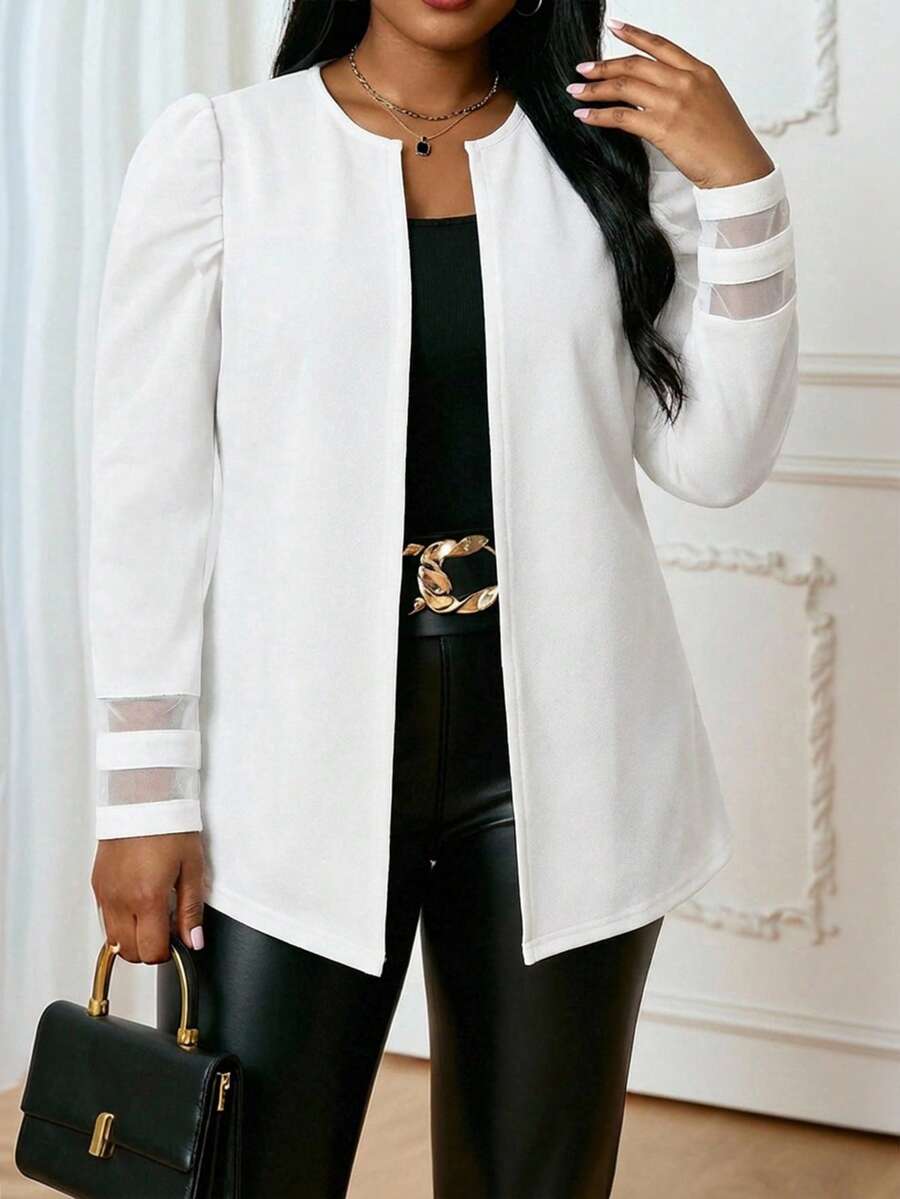 SHEIN Lady Áo khoác tay cánh hoa phối lưới, kiểu dáng thanh lịch, cỡ lớn, thích hợp cho người đi làm. - trắng - Xem 1