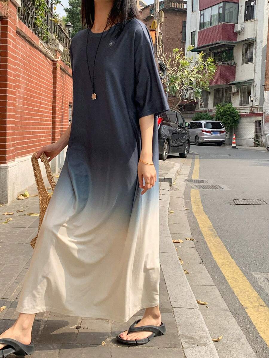 DAZY 女士渐变圆领短袖休闲长裙,青春韩风夏季连衣裙 - 藍色 - 查看 1