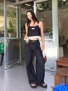 DAZY 女款牛仔吊帶褲與休閒長褲韓系風格2件式牛仔套裝夏季 - 藍色 - 查看 6