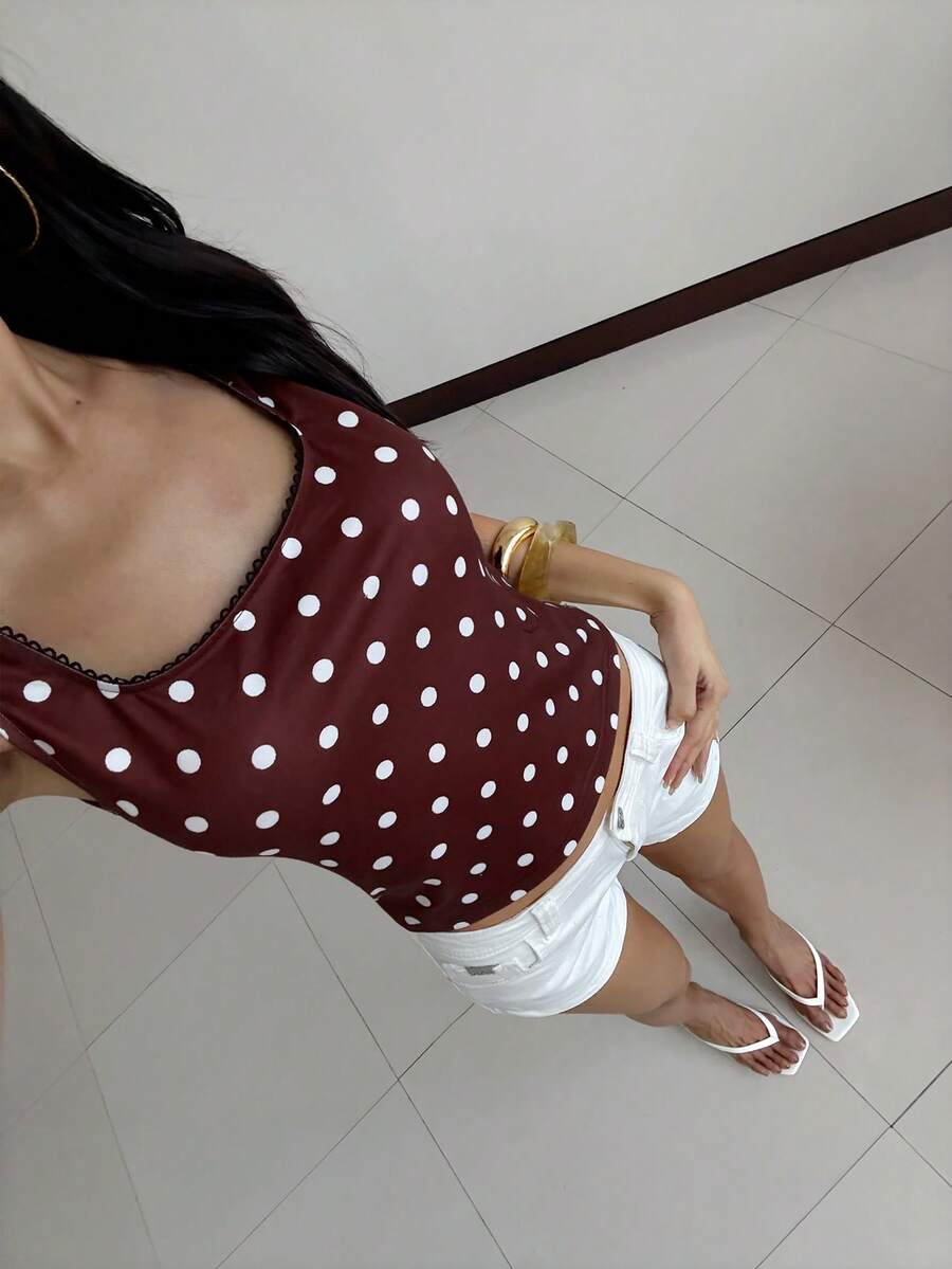 SHEIN BAE 女士休闲修身圆领荷叶边波点印花衬衫。适合通勤和外出穿着的休闲上衣。棕色波点衬衫 - 棕色 - 查看 1