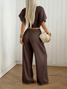 SHEIN EZwear Women's Solid Color Pleated Top And Elastic Waist Long Pants Casual Daily Set Brunch Dark Brown Summer - Coffee Brown - View 2