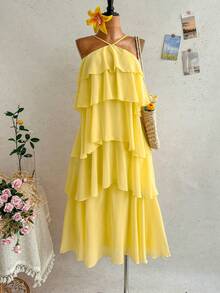 Soleia Nouvelle robe longue élégante et romantique pour invitée de mariage, couleur unie, dos nu, volants multicouches en mousseline, bohème, boho, floral romantique, vacances, fête florale, rendez-vous, Saint-Valentin, Pâques, carnaval, thé de l'après-midi, plage, croisière, vacances, rue de la ville, vacances - Jaune citron - Voir 11