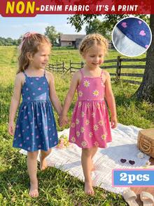 Elladie kids 2pcs/Set Young Girls' Blue Spring/Summer Cute Strap Waist A-Line Dress Set,Daisy Heart Print School Style For Outings,Matching Outfits For Sisters - Multicolor - View 6
