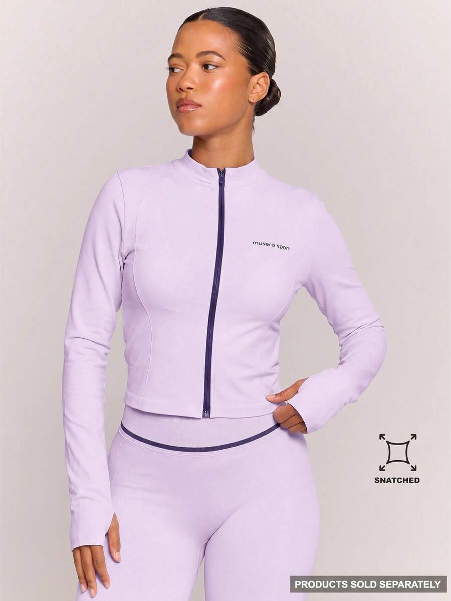 Musera Sport 對比色拉鍊開襟長袖BBL外套(僅外套)運動健身房皮拉提斯健身日常甜美休閒發汗款 - 紫色 - 查看 1