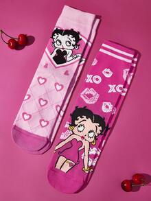 Betty Boop x SHEIN 2雙女款可愛卡通角色圖案中筒襪，禮物，XOXO，親吻，愛，禮物靈感，派對，節日，情人節 - 彩色 - 查看 4