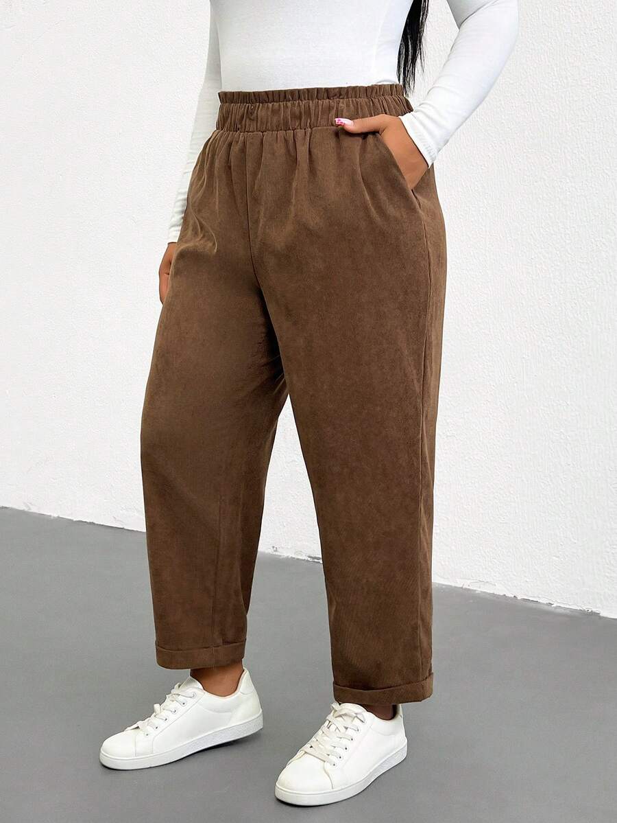 Shapeblank Plus Size Women's Solid Color High Waist Elastic Waistband Pocket Slimming Tapered Long Pants
