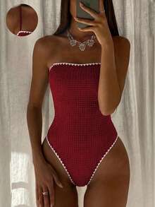 Bonvoyette Traje de baño de una pieza elegante y casual para mujer con tirante de hombro desmontable, tela texturizada con diseño de bloques de color y degradado, adecuado para vacaciones de verano en la playa, atuendos para fiestas en la playa, traje de baño de una pieza para mujer primavera/verano 2026 - Burdeos - Ver 4