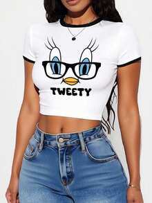 LOONEY TUNES X SHEIN 女士夏季卡通图案短款 T 恤 - 白色 - 查看 2