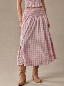 WESTFADE Falda midi convertible con cintura fruncida y bordado a cuadros - Rosa - Ver 6