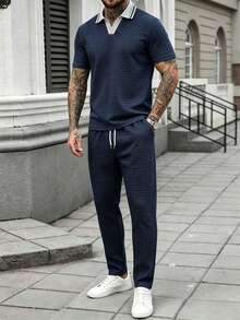 Manfinity Homme 男士拼色紋理短袖 Polo 衫與抽繩長褲 Polo 套裝 - 寶藍色 - 查看 8