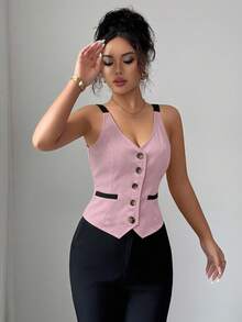 Elenzga Summer Elegant Commuter Vacation Casual Versatile Slim Fit Deep V-Neck Woven Romantic Vintage Button Exquisite Vest - Pink - View 5