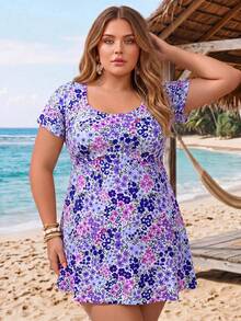 SHEIN CURVE+ 2026新款加大码女式短袖碎花泳装连衣裙吊带套装，适合夏季海滩度假 - 彩色 - 查看 4