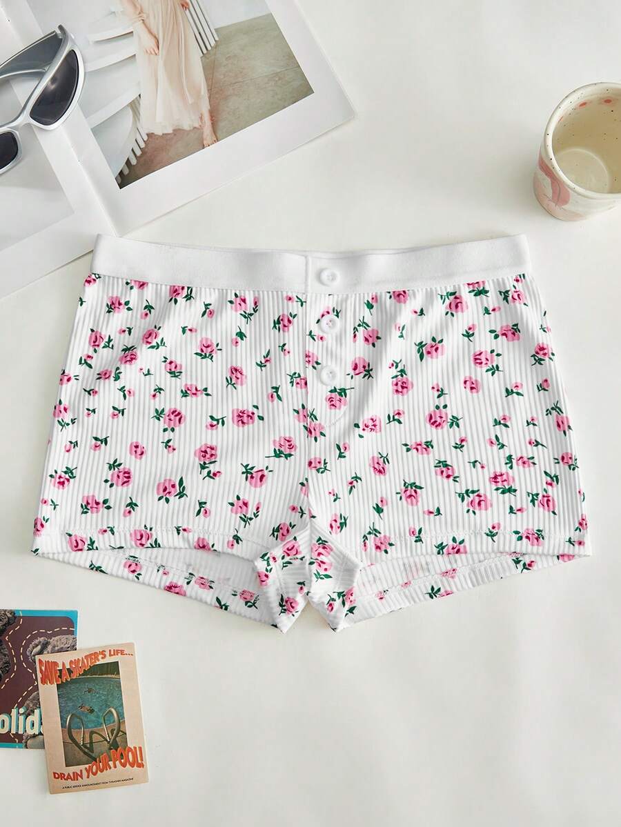 Lowkey Lull Ribbed Floral Bud Elastic Comfortable Minimalist Faux Fly Comfortable Women's Boxer Briefs - Multicolor - View 1