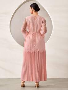 Graceveil Elegant Lace Pleated Long Sleeve Round Neck Arabian Dress, Pink, Suitable For Women, Spring/Summer Clothing - Pink - View 3