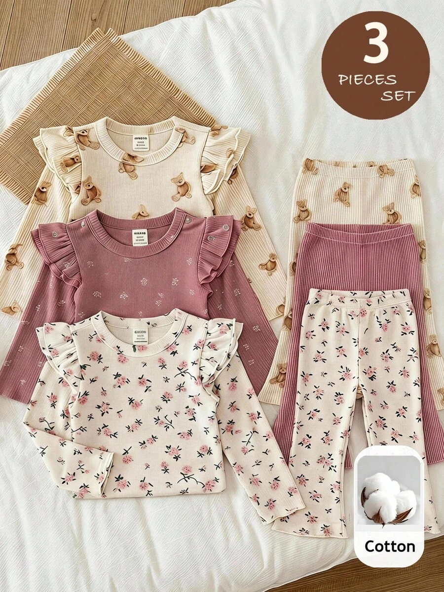 LMoss Kids Baby Girl Autumn/Winter Cute Versatile Casual Knit Solid Color Flutter Sleeve Long Sleeve Top 3-Piece Set - Multicolor - View 1